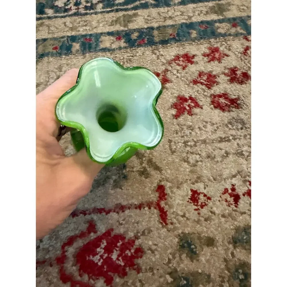 Vintage Blown Glass Double Applied Handle Vase Green Fluted Ruffled Rim